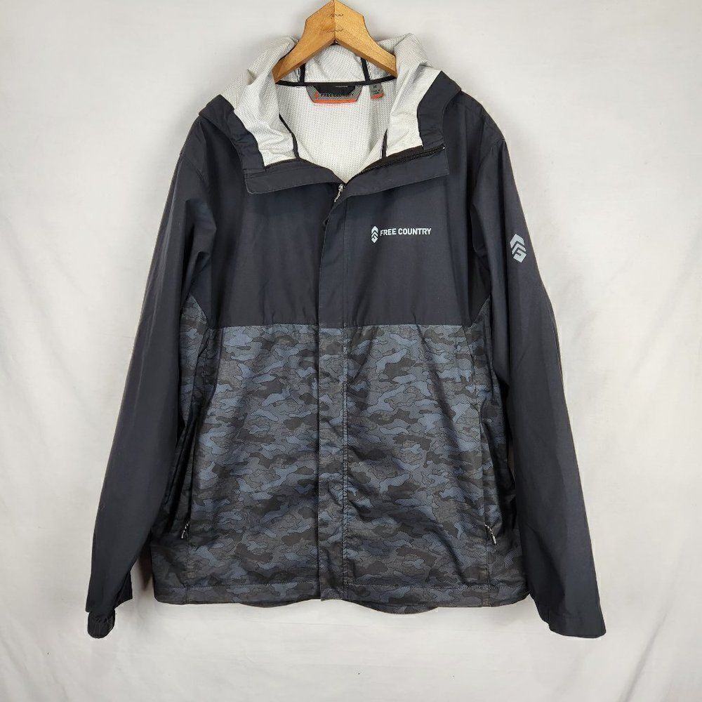 Free Country Mens Jacket Waterproof Shell Medium Black Camo Zip Up Hooded